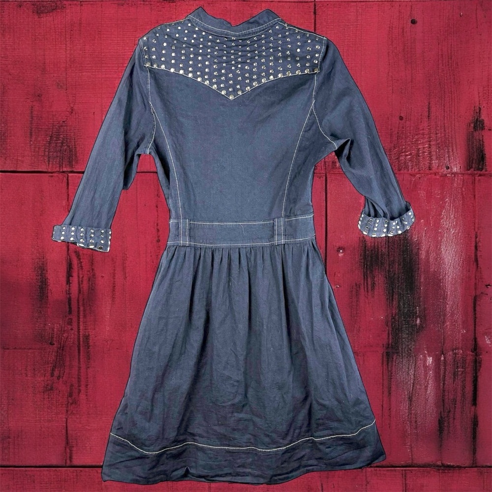 Stetson Denim Button Up Shirt Dress Studded Western Stitching Large Dark Wash 90 - Picture 2 of 10